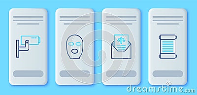 Set line Thief mask, Subpoena, Security camera and Decree, paper, parchment, scroll icon. Vector Stock Photo