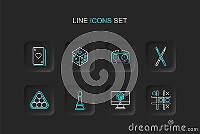 Set line Tic tac toe game, Game dice, Chess, Billiard balls in triangle, Crossed billiard cues, Time chess clock, and Stock Photo