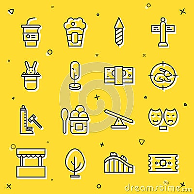 Set line Ticket, Comedy and tragedy masks, Hunt on rabbit with crosshairs, Firework rocket, Tree, Magician hat, Paper Vector Illustration