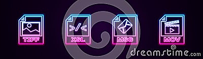 Set line TIFF file document, XSL, MSG and MOV. Glowing neon icon. Vector Stock Photo