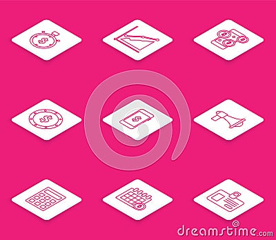 Set line Time is money, Pie chart infographic, Smartphone with dollar symbol, Coin, Megaphone, Calculator and Financial Vector Illustration