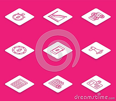 Set line Time is money, Pie chart infographic, Smartphone with dollar symbol, Coin, Megaphone, Calculator and Financial Stock Photo