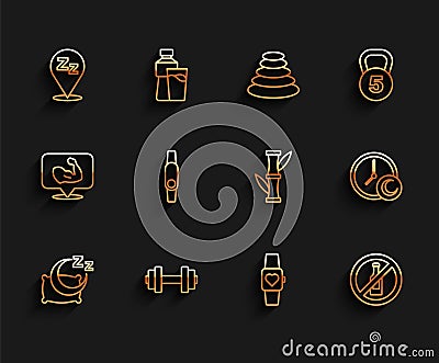 Set line Time to sleep, Dumbbell, Sleepy, Smart watch, No alcohol, Smartwatch, and Bamboo icon. Vector Vector Illustration