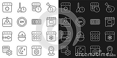 Set line Time zone clocks, Calendar winter, and, Morning time, Sunset, summer and Digital alarm icon. Vector Stock Photo