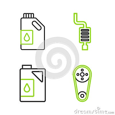 Set line Timing belt kit, Canister for motor oil, Car muffler and icon. Vector Vector Illustration