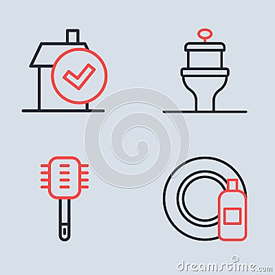 Set line Toilet bowl, brush, Dishwashing bottle and plate and Home cleaning service icon. Vector Vector Illustration