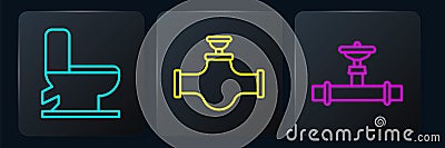 Set line Toilet bowl, Industry pipe and valve and Industry pipe and valve. Black square button. Vector Vector Illustration