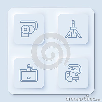 Set line Toilet paper roll, Handle broom, Washbasin and Vacuum cleaner. White square button. Vector Vector Illustration