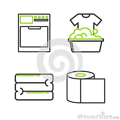 Set line Toilet paper roll, Towel stack, Plastic basin with soap suds and Washer icon. Vector Vector Illustration