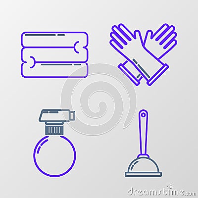 Set line Toilet plunger, Rubber gloves and Towel stack icon. Vector Stock Photo