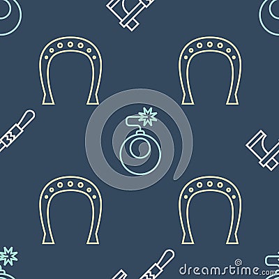 Set line Tomahawk axe, Horseshoe and Bomb ready to explode on seamless pattern. Vector Vector Illustration