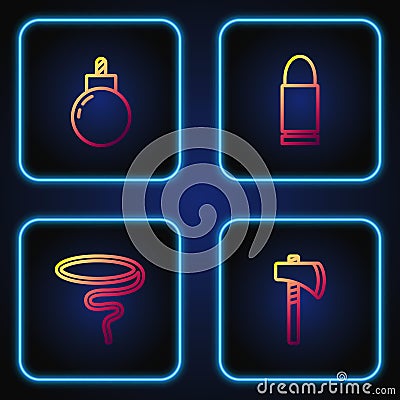 Set line Tomahawk axe, Lasso, Bomb ready to explode and Bullet. Gradient color icons. Vector Vector Illustration