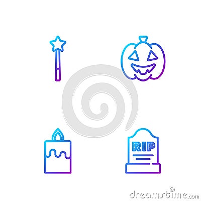 Set line Tombstone with RIP written, Burning candle, Magic wand and Pumpkin. Gradient color icons. Vector Vector Illustration