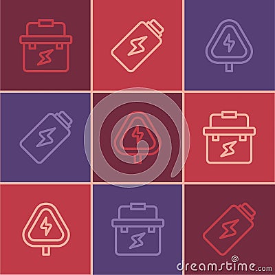 Set line Toolbox electrician, High voltage and Battery charge icon. Vector Stock Photo