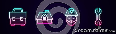 Set line Toolbox, House, Builder and Wrench spanner. Glowing neon icon. Vector Vector Illustration