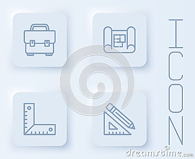 Set line Toolbox, House plan, Corner ruler and Triangular and pencil. White square button. Vector Vector Illustration