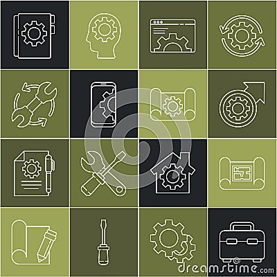 Set line Toolbox, House plan, Gear and arrows as workflow process, Browser setting, Setting on smartphone, Wrench, User Stock Photo