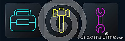 Set line Toolbox, Wrench spanner and Hammer. Black square button. Vector Vector Illustration