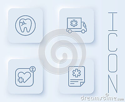 Set line Tooth with caries, Ambulance, Mobile heart rate and Patient record. White square button. Vector Vector Illustration