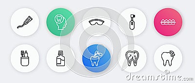 Set line Tooth with caries and drill, Teeth braces, Toothbrush toothpaste, Broken, Electric toothbrush, Safety goggle Vector Illustration