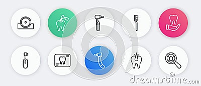 Set line Tooth drill, Electric toothbrush, Broken, Toothbrush, Dental search and X-ray of icon. Vector Vector Illustration