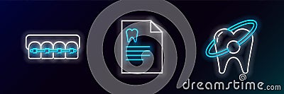 Set line Tooth whitening concept, Teeth with braces and Clipboard dental card icon. Glowing neon. Vector Stock Photo