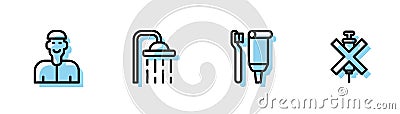 Set line Toothbrush and toothpaste, Positive thinking, Shower head and No doping syringe icon. Vector Vector Illustration