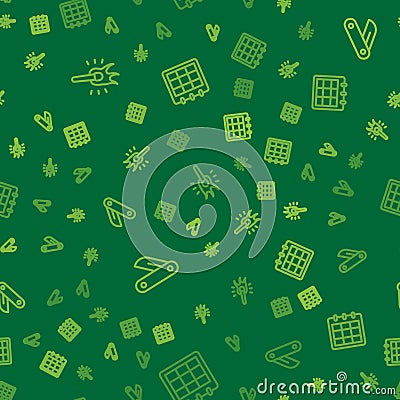 Set line Torch flame, Swiss army knife and Calendar on seamless pattern. Vector Stock Photo