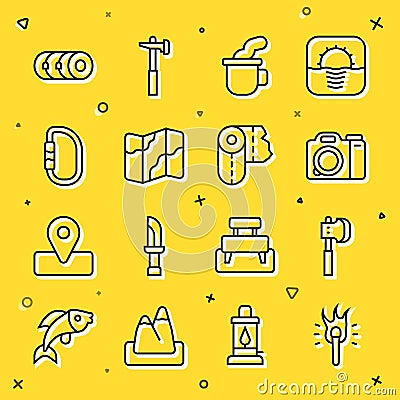 Set line Torch flame, Wooden axe, Photo camera, Cup of tea, Camping and hiking on map, Carabiner, Blanket roll and Paper Vector Illustration