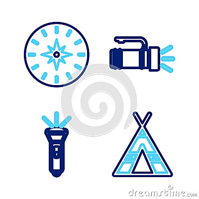 Set line Tourist tent, Flashlight, and Compass icon. Vector Stock Photo