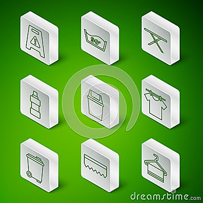 Set line Towel on hanger, Sponge, Wet floor, Trash can, Bottle for cleaning agent, Temperature wash, and Drying clothes Vector Illustration