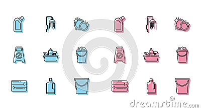 Set line Towel stack, Plastic bottles for liquid dishwashing liquid, Bucket, with foam and bubbles, Wet floor cleaning Stock Photo