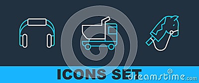 Set line Toy horse, Headphones and truck icon. Vector Stock Photo