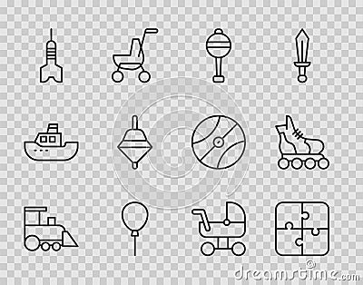 Set line Toy train, Puzzle pieces toy, Rattle baby, Balloons with ribbon, Dart arrow, Whirligig, Baby stroller and Vector Illustration