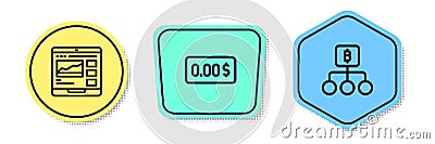 Set line Trading courses, Zero cost and Blockchain technology Bitcoin. Colored shapes. Vector Stock Photo