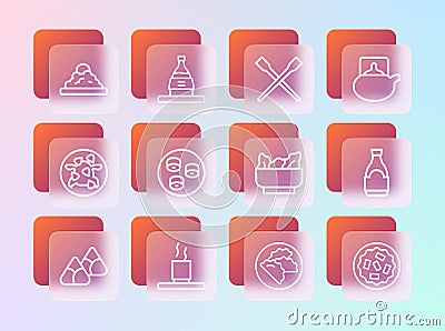 Set line Traditional tea ceremony, Cup of, Wonton, Dumpling, Sushi, Food chopsticks, Rice bowl and Bottle sake icon Stock Photo