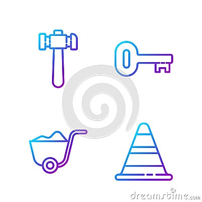 Set line Traffic cone, Shovel, Hammer and Old key. Gradient color icons. Vector Stock Photo