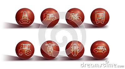 Set line Traffic cone, Tractor, Delivery cargo truck, light, Scooter, Minibus, Hatchback and Bicycle icon. Vector Vector Illustration