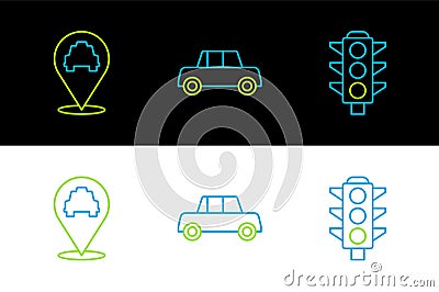 Set line Traffic light, Location with taxi and Car icon. Vector Vector Illustration