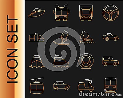 Set line Train and railway, Car, Delivery cargo truck, Windsurfing, Tram, Speedboat and Yacht sailboat icon. Vector Vector Illustration