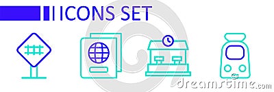 Set line Train and railway, Railway station, Passport and Railroad crossing icon. Vector Vector Illustration