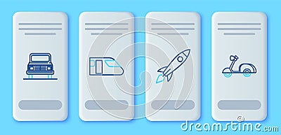 Set line Train, Rocket ship with fire, Car and Scooter icon. Vector Vector Illustration