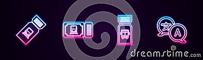 Set line Train ticket, , Bus and Translator. Glowing neon icon. Vector Stock Photo