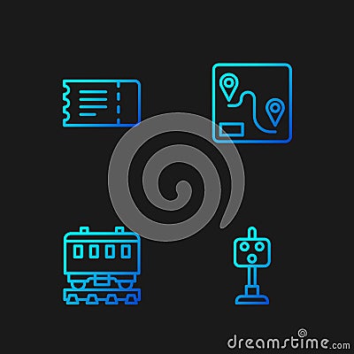 Set line Train traffic light, Passenger train cars, ticket and Route location. Gradient color icons. Vector Vector Illustration