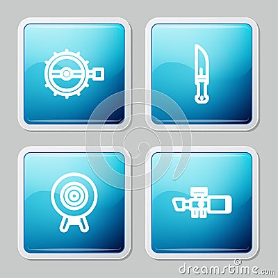 Set line Trap hunting, Hunter knife, Target sport and Sniper optical sight icon. Vector Stock Photo
