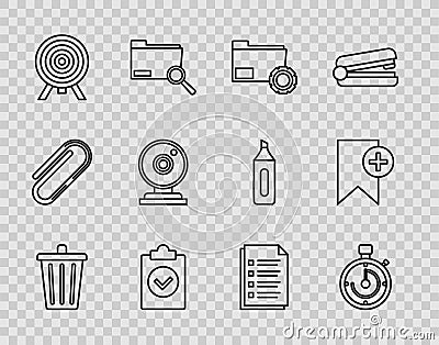 Set line Trash can, Briefcase, Folder settings with gears, Completed task, Target, Web camera, File document and Vector Illustration