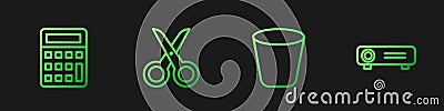 Set line Trash can, Calculator, Scissors and Movie, film, media projector. Gradient color icons. Vector Vector Illustration