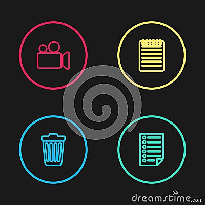 Set line Trash can, Document, Notebook and Movie or Video camera icon. Vector Stock Photo