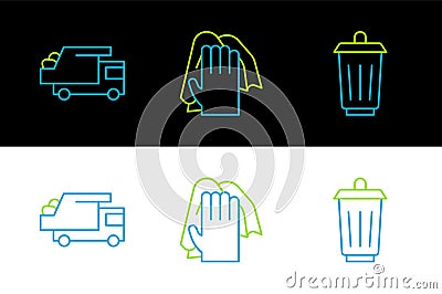 Set line Trash can, Garbage truck and Cleaning service icon. Vector Vector Illustration