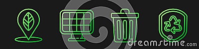 Set line Trash can, Location with leaf, Solar energy panel and Recycle symbol inside shield. Gradient color icons Vector Illustration